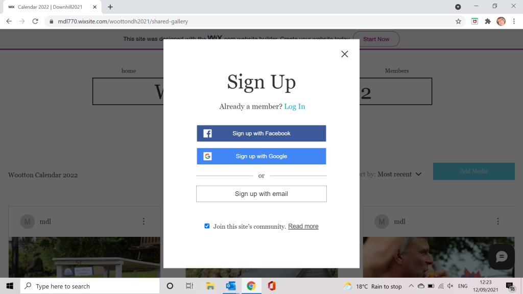 Wixsite sign up screen